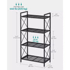 Étagère de Rangement Métallique à 4 Niveaux, Meuble de Rangement de 112,5 cm avec Cadres en X et Pieds Réglables, 50 kg par Étagère, pour Entrée, Cuisine, Salle de Bain, Noir Encre