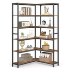6-Tier Corner Bookshelf, Convertible Metal Frame Shelf with Adjustable Feet, 463 lb Capacity for Living Room Office, Rustic Brown & Black