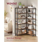 Étagère d'angle à 6 niveaux, étagère à cadre métallique convertible avec pieds réglables, capacité de 210 kg pour salon et bureau, marron rustique et noir