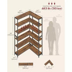 Étagère d'angle à 6 niveaux, étagère à cadre métallique convertible avec pieds réglables, capacité de 210 kg pour salon et bureau, marron rustique et noir