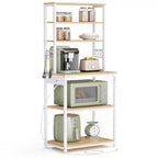 Bakers Rack with Power Outlet, 65.7 Inch Coffee Bar Shelf with Adjustable Shelf & 6 Hooks, Microwave Stand for Kitchen