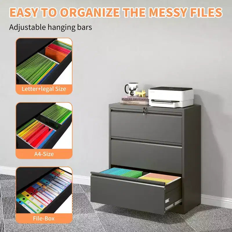 40" Lockable Lateral File Cabinet - Heavy-Duty Metal, Silent Full-Extension Slides, Anti-Tilt