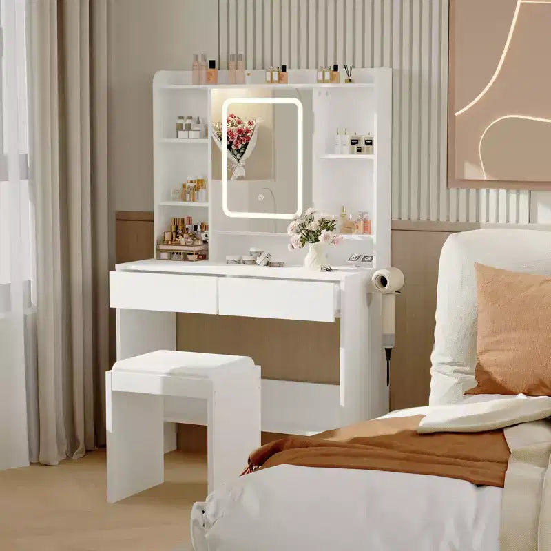 Vanity Desk with Mirror, for Bedroom, Adjustable 3 Color Lights, Includes Padded Stool, Hidden Storage Shelves, USB Outlets, Hair Dryer Holder, White