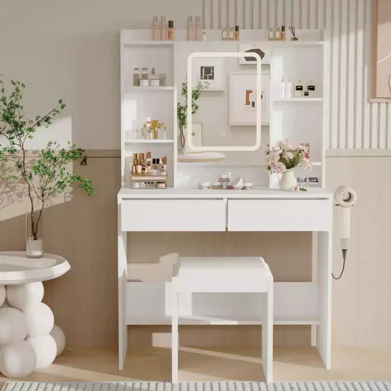 Vanity Desk with Mirror, for Bedroom, Adjustable 3 Color Lights, Includes Padded Stool, Hidden Storage Shelves, USB Outlets, Hair Dryer Holder, White