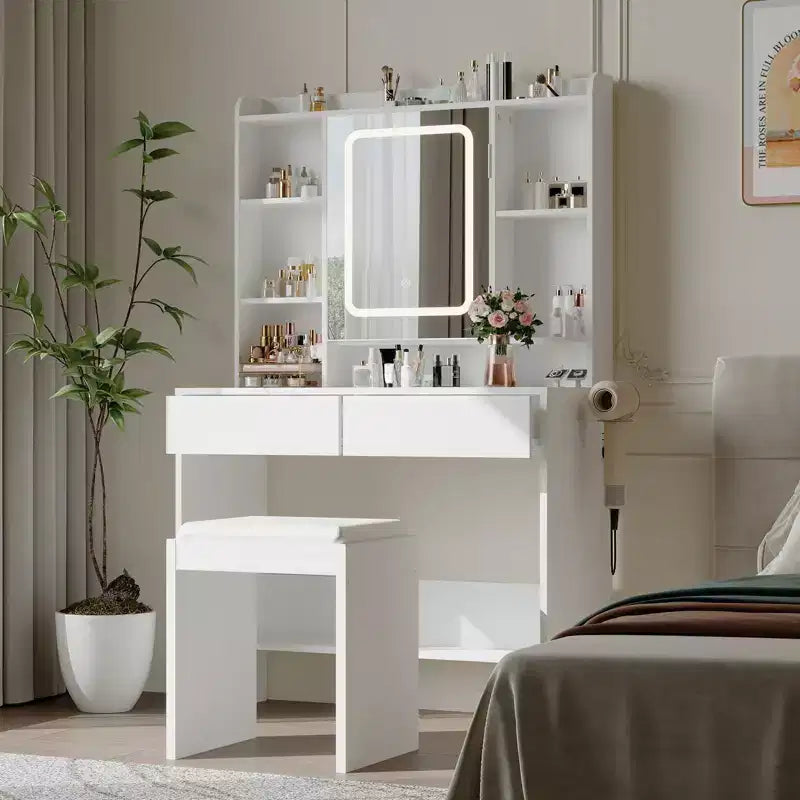 Vanity Desk with Mirror, for Bedroom, Adjustable 3 Color Lights, Includes Padded Stool, Hidden Storage Shelves, USB Outlets, Hair Dryer Holder, White