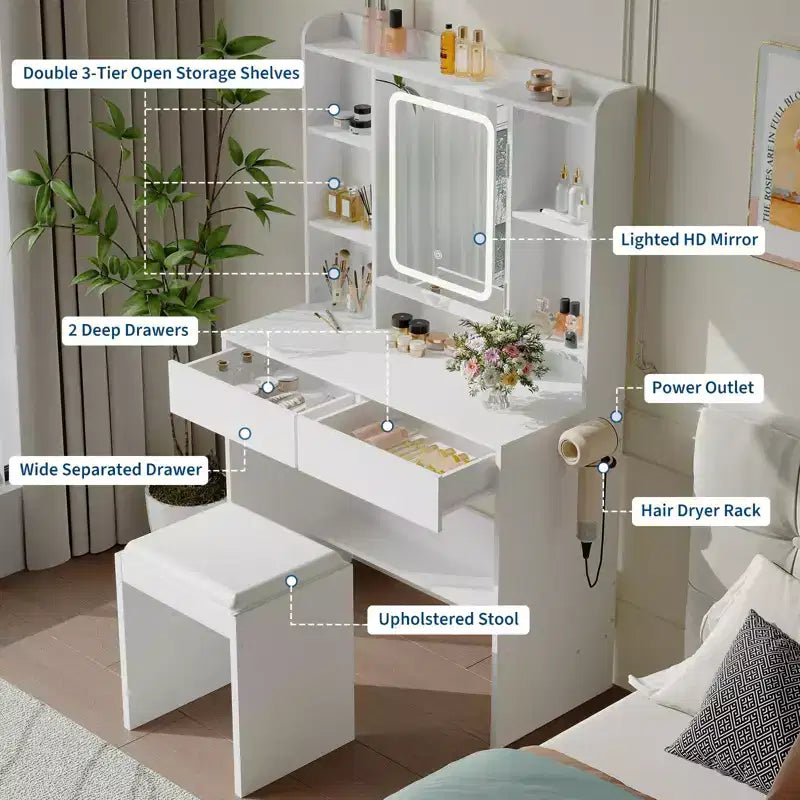 Vanity Desk with Mirror, for Bedroom, Adjustable 3 Color Lights, Includes Padded Stool, Hidden Storage Shelves, USB Outlets, Hair Dryer Holder, White