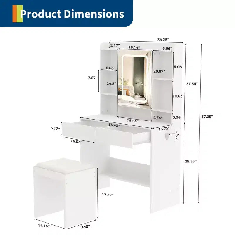 Vanity Desk with Mirror, for Bedroom, Adjustable 3 Color Lights, Includes Padded Stool, Hidden Storage Shelves, USB Outlets, Hair Dryer Holder, White