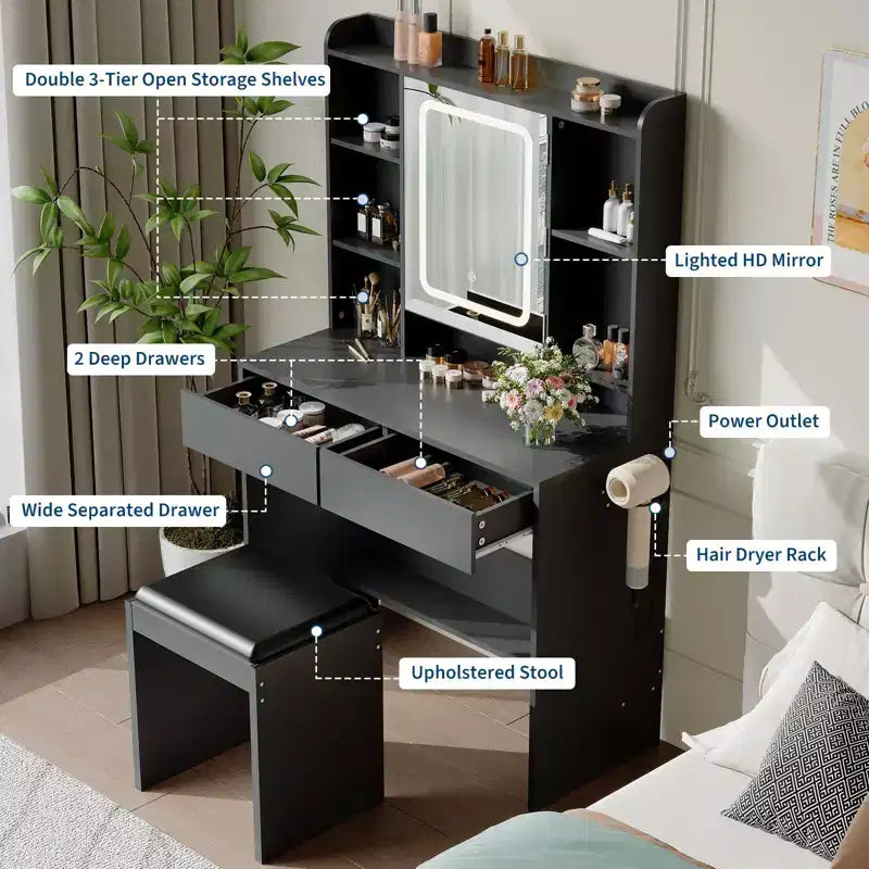 Vanity Desk with Mirror, for Bedroom, Adjustable 3 Color Lights, Includes Padded Stool, Hidden Storage Shelves, USB Outlets, Hair Dryer Holder, White