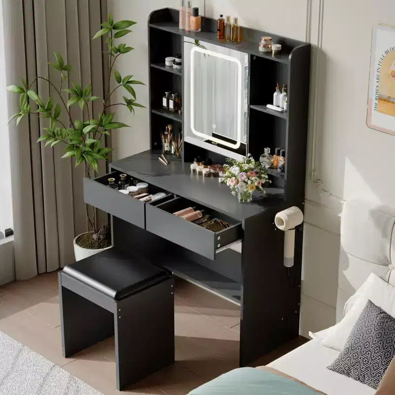 Vanity Desk with Mirror, for Bedroom, Adjustable 3 Color Lights, Includes Padded Stool, Hidden Storage Shelves, USB Outlets, Hair Dryer Holder, White