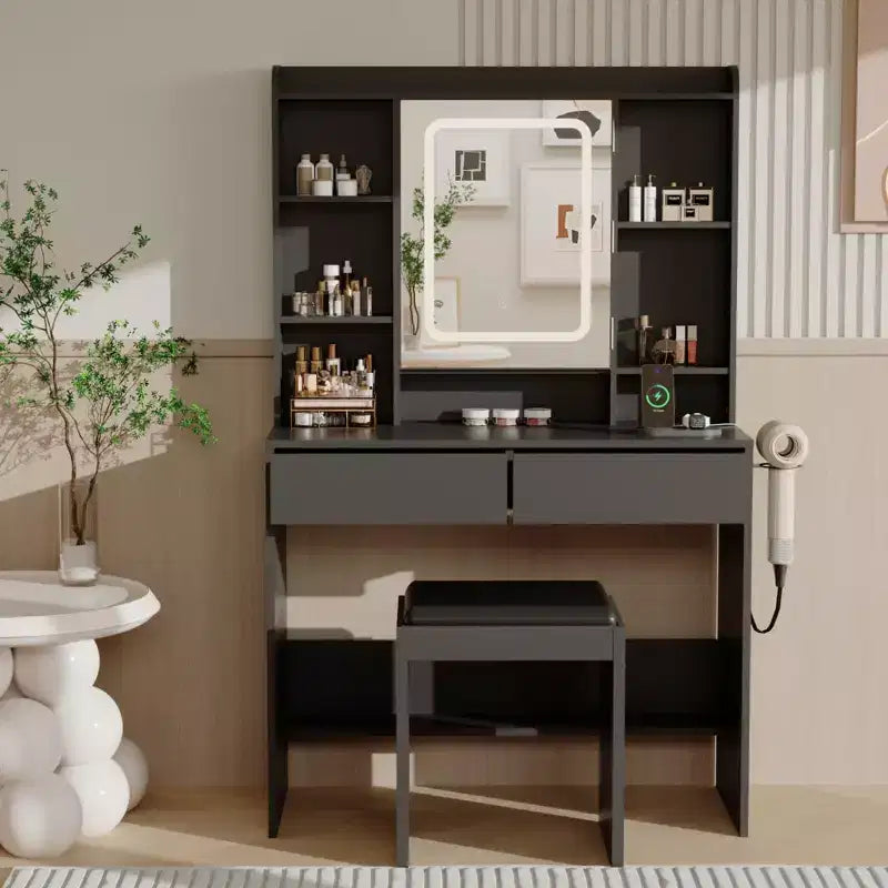 Vanity Desk with Mirror, for Bedroom, Adjustable 3 Color Lights, Includes Padded Stool, Hidden Storage Shelves, USB Outlets, Hair Dryer Holder, White