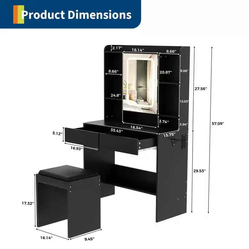 Vanity Desk with Mirror, for Bedroom, Adjustable 3 Color Lights, Includes Padded Stool, Hidden Storage Shelves, USB Outlets, Hair Dryer Holder, White