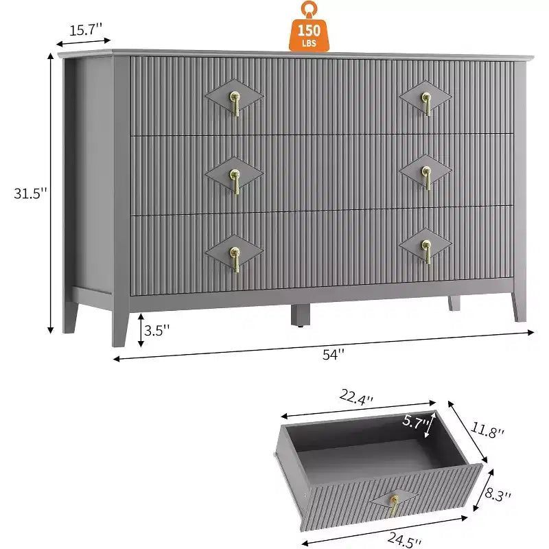 54" 6-Drawer Fluted Dresser - Modern Wide Storage Chest with Deep Drawers & Anti-Tip Kit