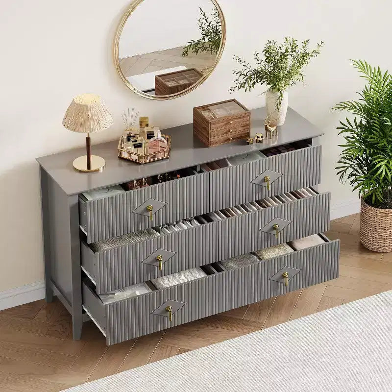 54" 6-Drawer Fluted Dresser - Modern Wide Storage Chest with Deep Drawers & Anti-Tip Kit