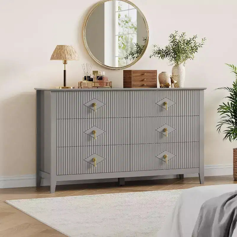 54" 6-Drawer Fluted Dresser - Modern Wide Storage Chest with Deep Drawers & Anti-Tip Kit