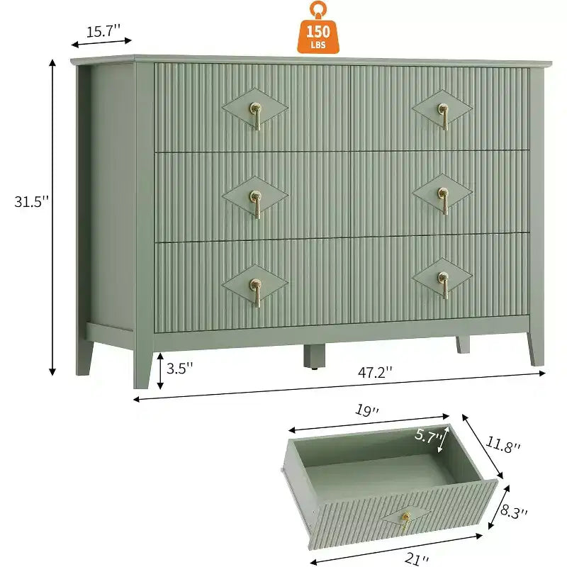 54" 6-Drawer Fluted Dresser - Modern Wide Storage Chest with Deep Drawers & Anti-Tip Kit