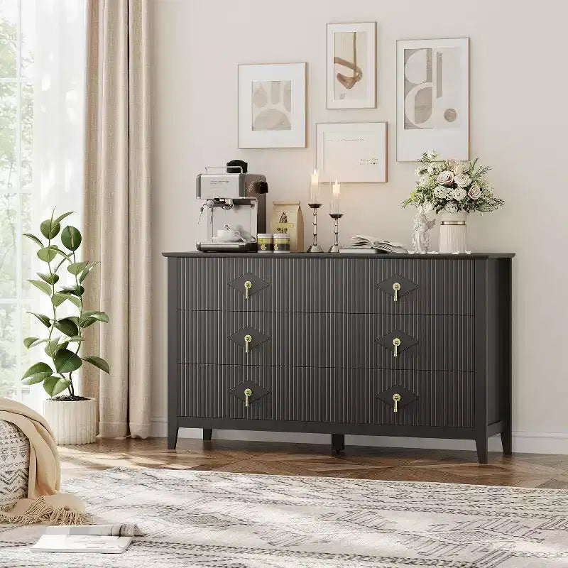54" 6-Drawer Fluted Dresser - Modern Wide Storage Chest with Deep Drawers & Anti-Tip Kit