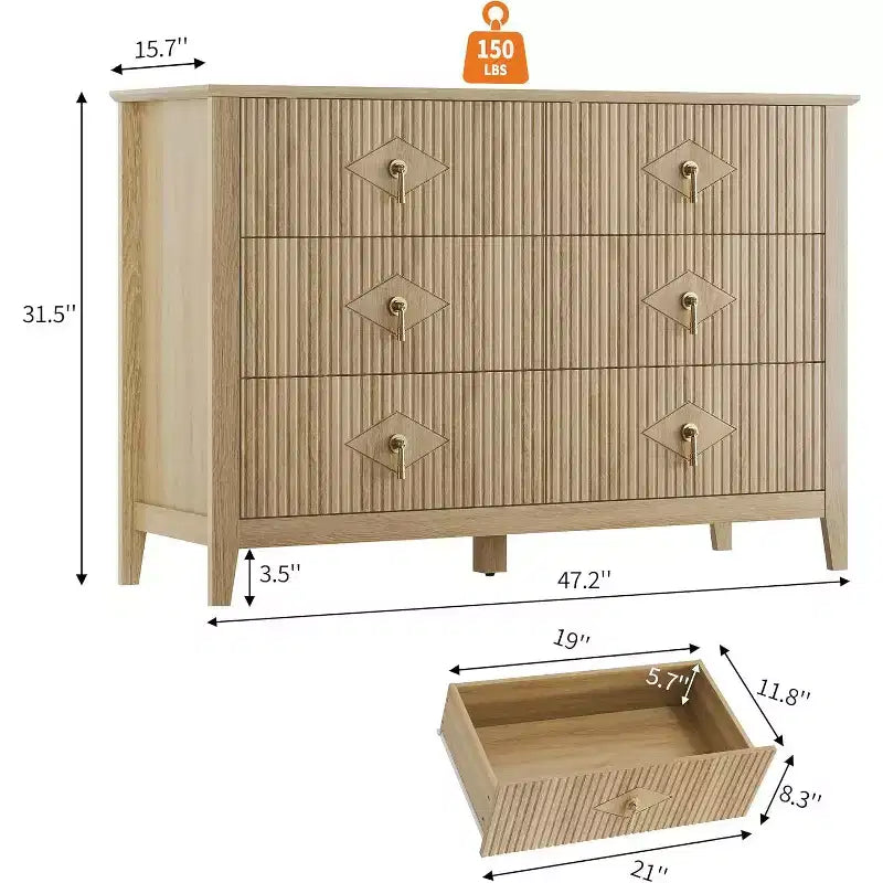54" 6-Drawer Fluted Dresser - Modern Wide Storage Chest with Deep Drawers & Anti-Tip Kit