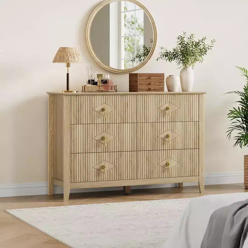 54" 6-Drawer Fluted Dresser - Modern Wide Storage Chest with Deep Drawers & Anti-Tip Kit