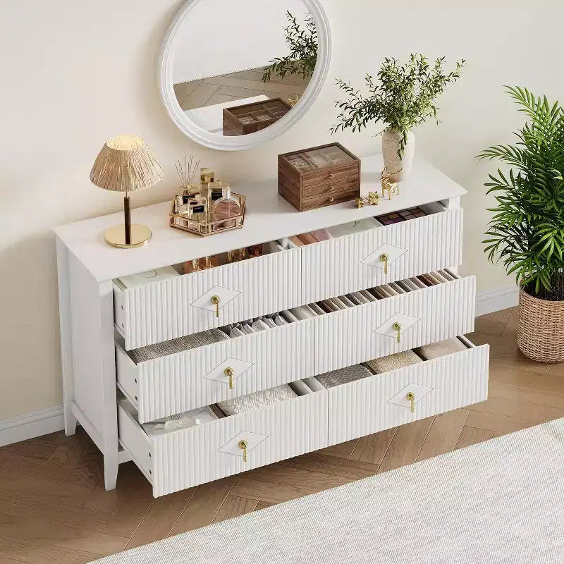 54" 6-Drawer Fluted Dresser - Modern Wide Storage Chest with Deep Drawers & Anti-Tip Kit