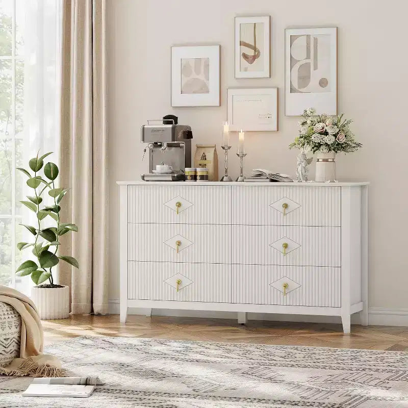54" 6-Drawer Fluted Dresser - Modern Wide Storage Chest with Deep Drawers & Anti-Tip Kit
