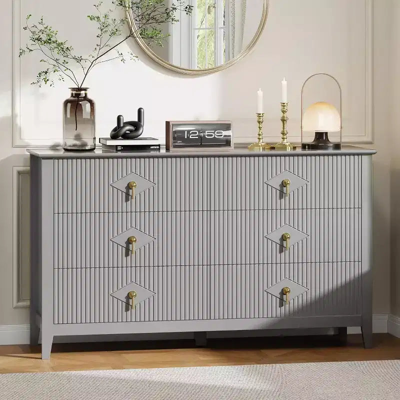 54" 6-Drawer Fluted Dresser - Modern Wide Storage Chest with Deep Drawers & Anti-Tip Kit