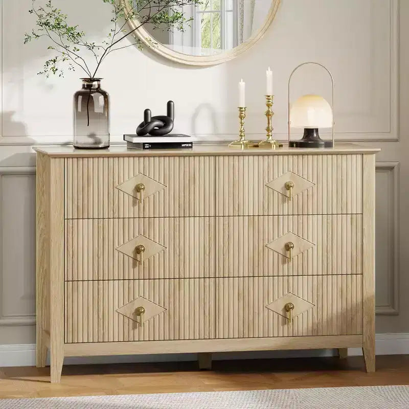 54" 6-Drawer Fluted Dresser - Modern Wide Storage Chest with Deep Drawers & Anti-Tip Kit