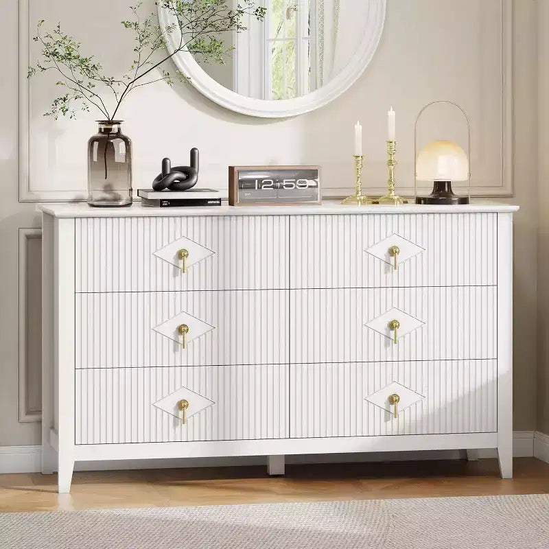 54" 6-Drawer Fluted Dresser - Modern Wide Storage Chest with Deep Drawers & Anti-Tip Kit