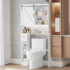 Over The Toilet Storage Cabinet with Barn Doors - Bathroom Stand Over Toilet with Tissue Hook and Adjustable Shelves,White