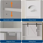 Meuble de Rangement Sur Pied Pour Toilettes avec Portes Coulissantes - Meuble de Salle de Bain Sur Pied avec Crochet pour Papier Toilette et Étagères Réglables, Blanc