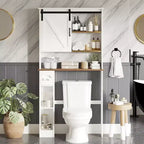 Meuble de Rangement Sur Pied Pour Toilettes avec Portes Coulissantes - Meuble de Salle de Bain Sur Pied avec Crochet pour Papier Toilette et Étagères Réglables, Blanc