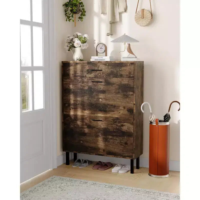 Slim 3-Drawer Shoe Storage Cabinet with Adjustable Shelves, Freestanding Wooden Storage Organizer for Entryway, Hallway, and Porch