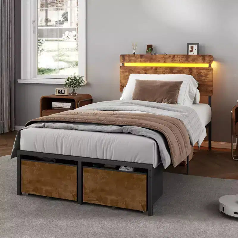 Twin Size Bed Frame with Charging Station LED Lights 2 Storage Drawers Vintage Brown Metal Platform Bed Wood Headboard Shelf No Box Spring Needed