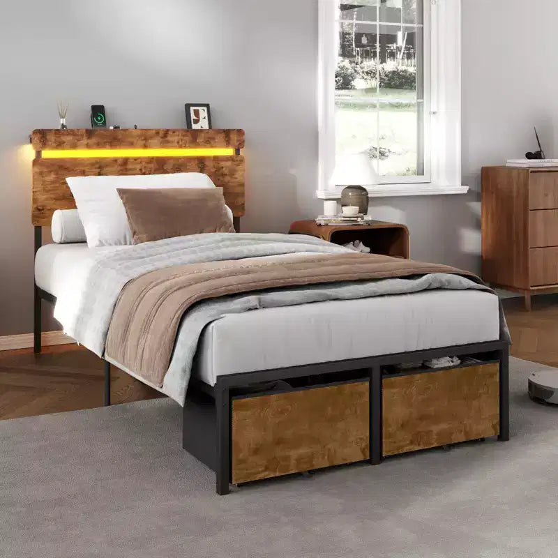 Twin Size Bed Frame with Charging Station LED Lights 2 Storage Drawers Vintage Brown Metal Platform Bed Wood Headboard Shelf No Box Spring Needed