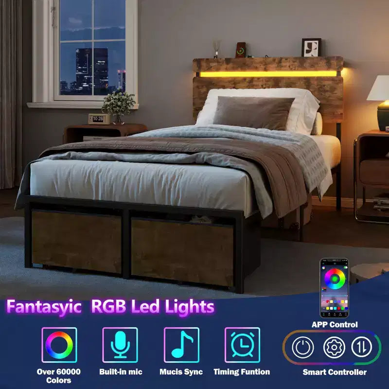 Twin Size Bed Frame with Charging Station LED Lights 2 Storage Drawers Vintage Brown Metal Platform Bed Wood Headboard Shelf No Box Spring Needed