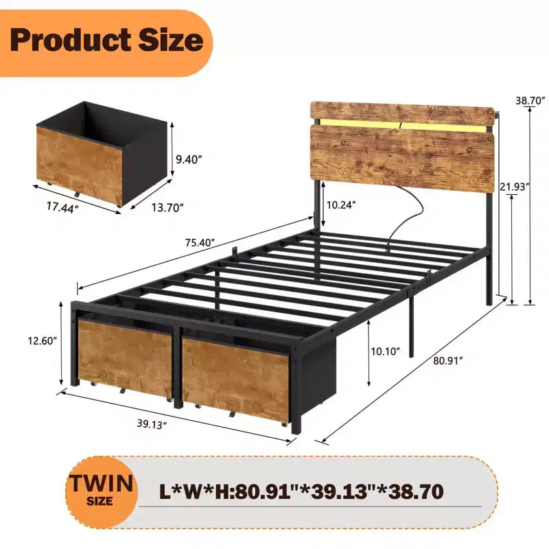 Twin Size Bed Frame with Charging Station LED Lights 2 Storage Drawers Vintage Brown Metal Platform Bed Wood Headboard Shelf No Box Spring Needed