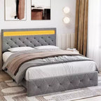 Grey Queen Upholstered Platform Bed with Modern Headboard, Ambient Headboard Design, No Box Spring Needed, Easy Assembly Sleek Neutral Bedroom Upgrade