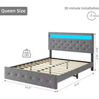 Lit plateforme capitonné Queen gris avec tête de lit moderne, design de tête de lit ambiant, aucun sommier tapissier requis, assemblage facile, amélioration élégante et neutre de la chambre à coucher