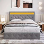 Lit plateforme capitonné Queen gris avec tête de lit moderne, design de tête de lit ambiant, aucun sommier tapissier requis, assemblage facile, amélioration élégante et neutre de la chambre à coucher