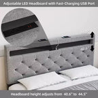 Lit plateforme capitonné Queen gris avec tête de lit moderne, design de tête de lit ambiant, aucun sommier tapissier requis, assemblage facile, amélioration élégante et neutre de la chambre à coucher