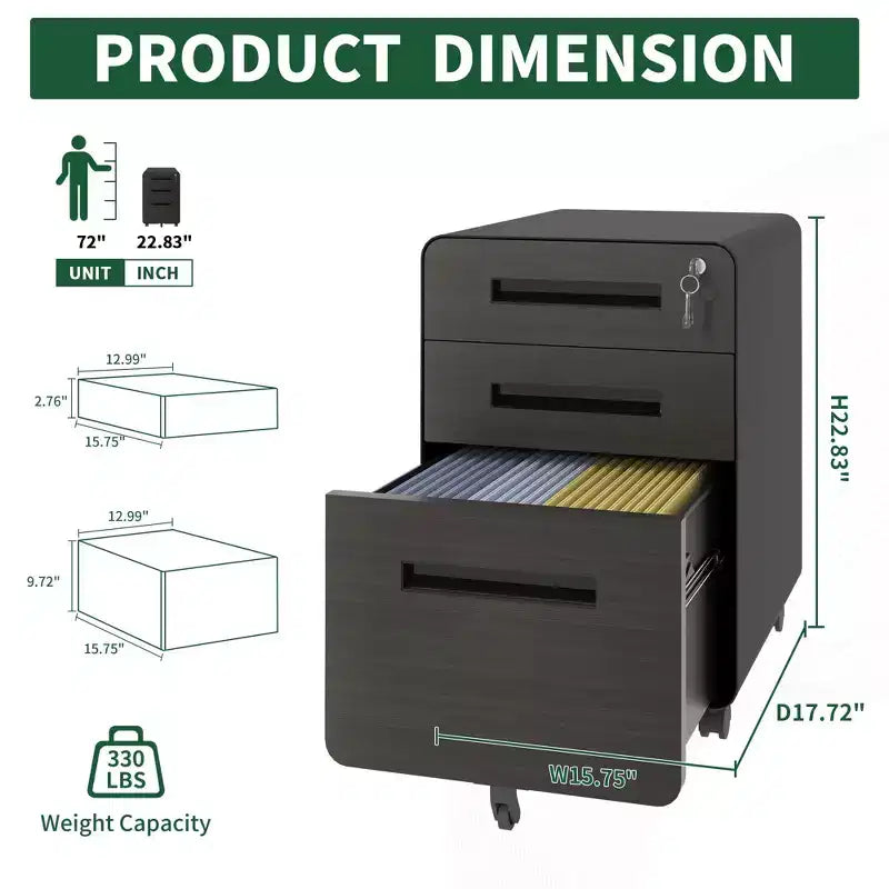 23" Mobile File Cabinet with Lock - All-Steel, Anti-Tip, Locking Casters, Fits A4/Letter (Black)
