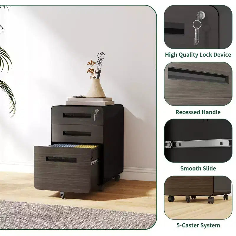 23" Mobile File Cabinet with Lock - All-Steel, Anti-Tip, Locking Casters, Fits A4/Letter (Black)