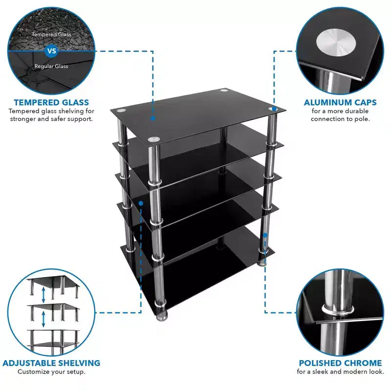Tempered Glass AV Media Stand - 5 Shelves, 220 lbs Capacity, Black Shelves & Chrome Legs
