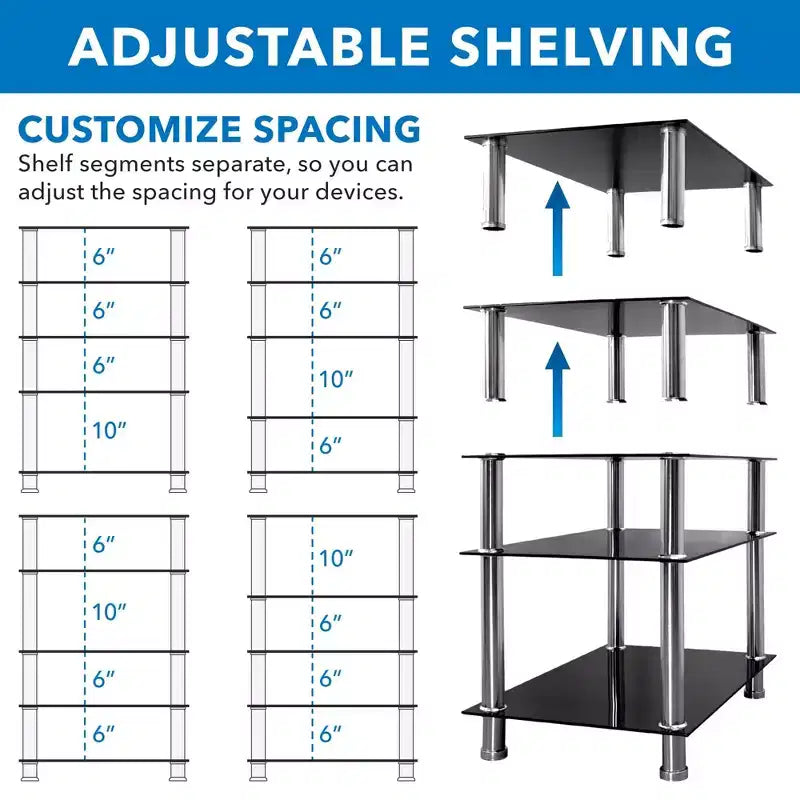 Tempered Glass AV Media Stand - 5 Shelves, 220 lbs Capacity, Black Shelves & Chrome Legs