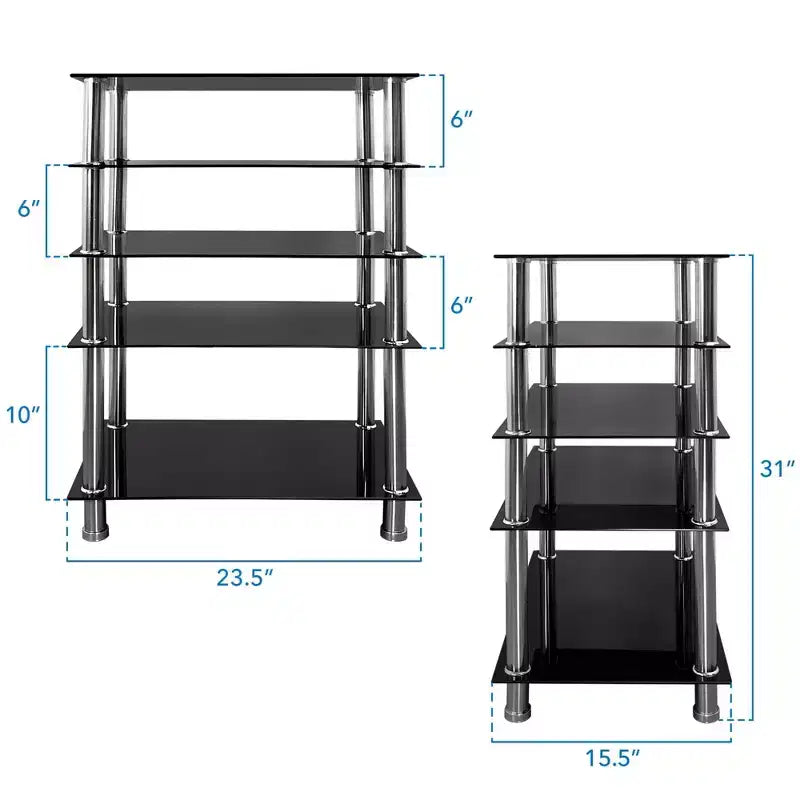 Tempered Glass AV Media Stand - 5 Shelves, 220 lbs Capacity, Black Shelves & Chrome Legs
