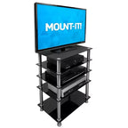 Meuble TV en Verre Trempé - 5 Étages, Capacité de 100 kg, Étagères Noires et Pieds Chromés
