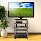 Meuble TV en Verre Trempé - 5 Étages, Capacité de 100 kg, Étagères Noires et Pieds Chromés