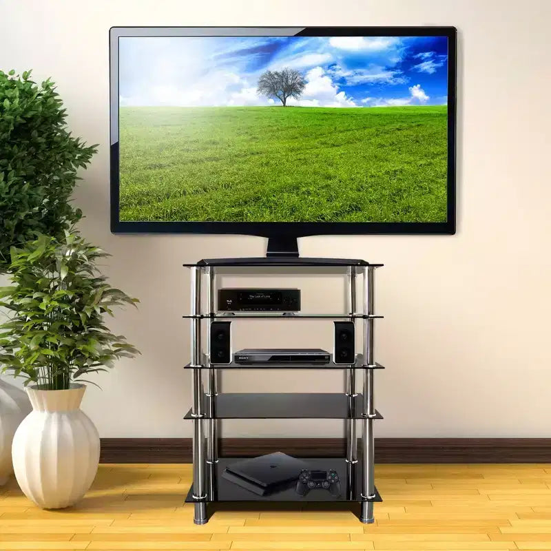 Tempered Glass AV Media Stand - 5 Shelves, 220 lbs Capacity, Black Shelves & Chrome Legs