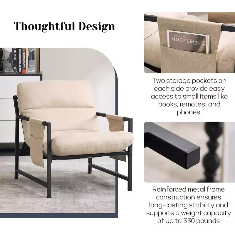 Upholstered Sling Accent Chair with Metal Frame - Modern Style