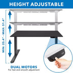 Bureau électrique assis-debout à double moteur avec plateau, plage de hauteur 64,5-130,5 cm - Noir