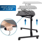 Bureau d'ordinateur portable debout mobile, poste de travail assis-debout roulant réglable en hauteur, 68,6 cm de large, ressort à gaz, noir